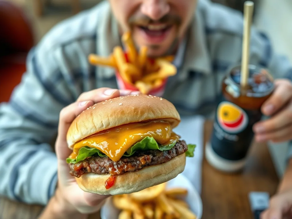 Osoba trzymająca tłustego burgera w otoczeniu frytek i słodkiego napoju, ilustrująca wysokokaloryczne produkty fast food.